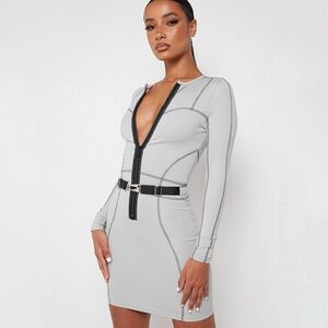 MANIÈRE DE VOIR GRAY BLACK CLIP BUCKLE WAIST BELT LONG SLEEVE BODYCON DRESS